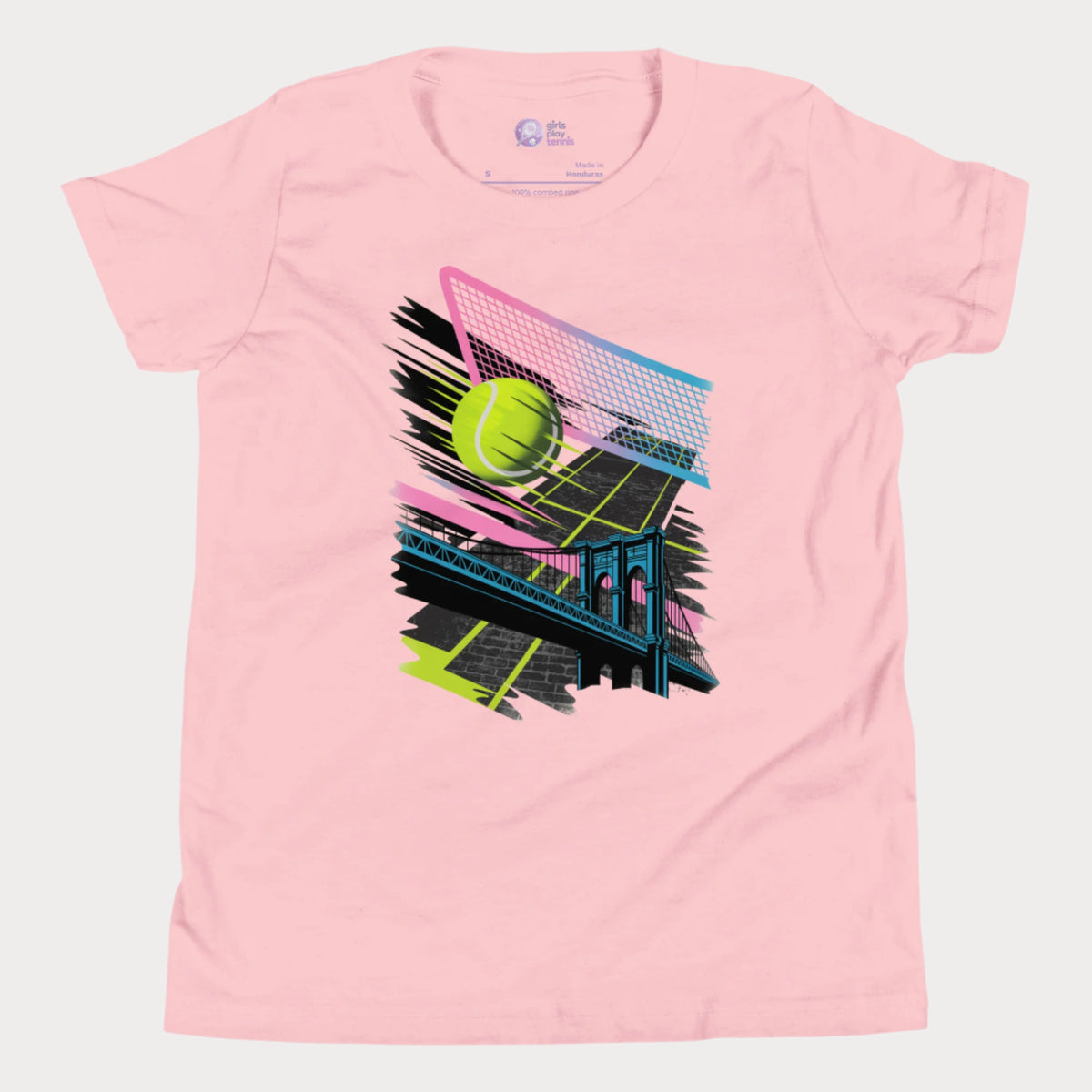 Pink Brooklyn Bridge girls' tennis T-shirt with a neon-style graphic of a tennis ball and net above a bridge