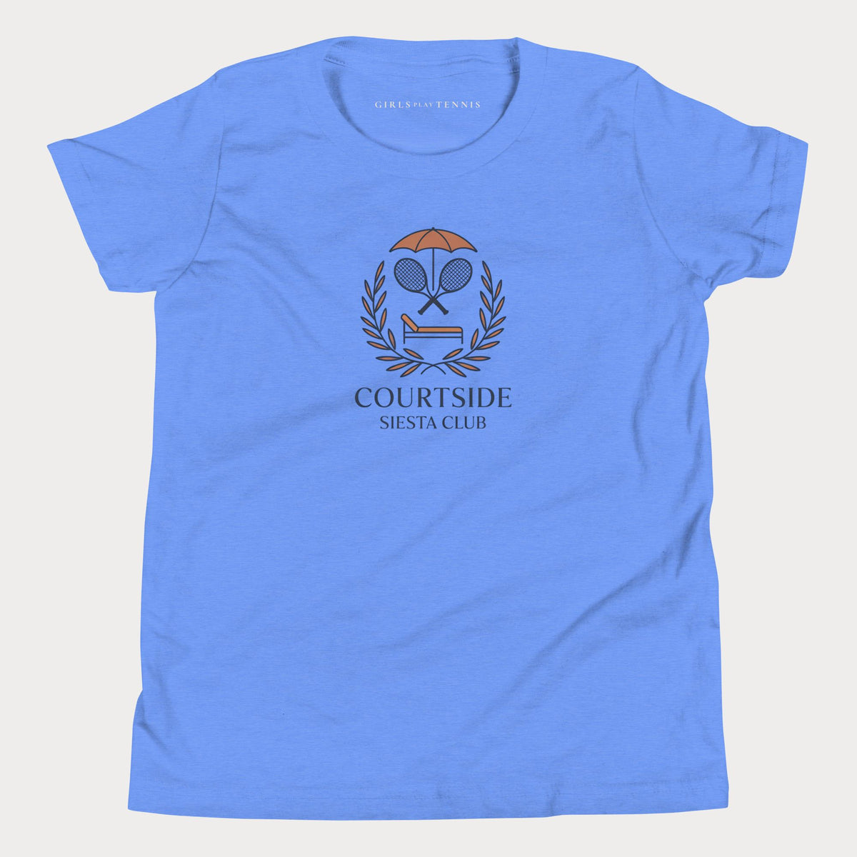 Blue Courtside Siesta Club girls' tennis T-shirt with a laurel crest of crossed rackets, an umbrella and a lounge chair