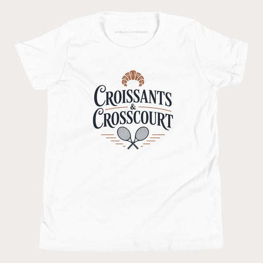 White Croissants & Crosscourt girls' tennis T-shirt with a croissant above crossed rackets