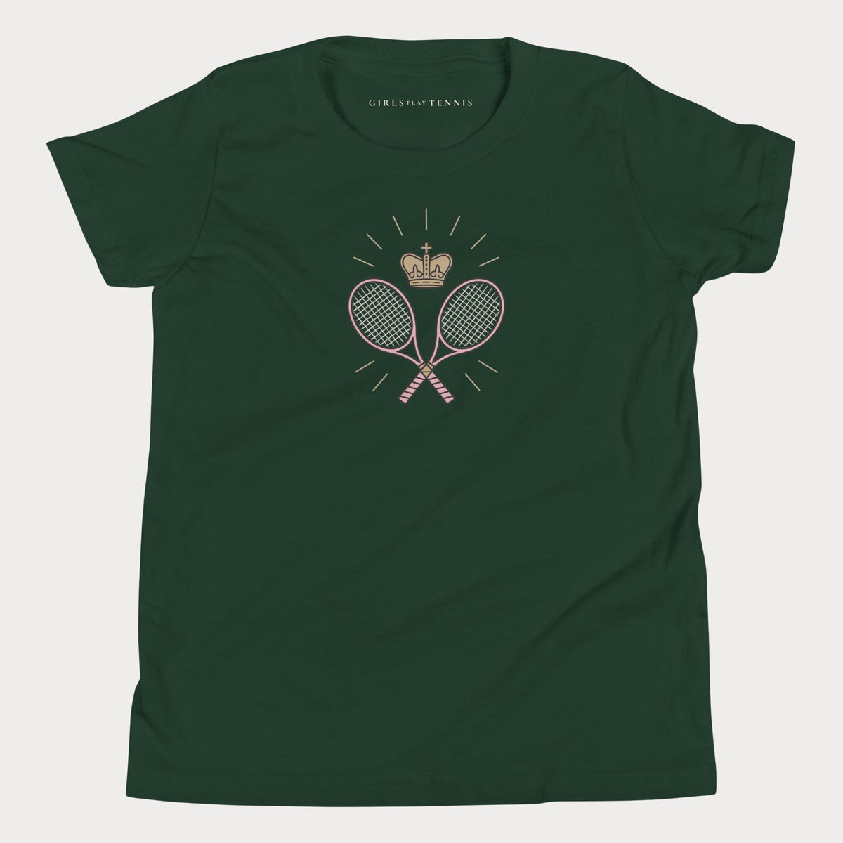 Forest green Crown & Racquets girls' tennis T-shirt with crossed rackets under a crown