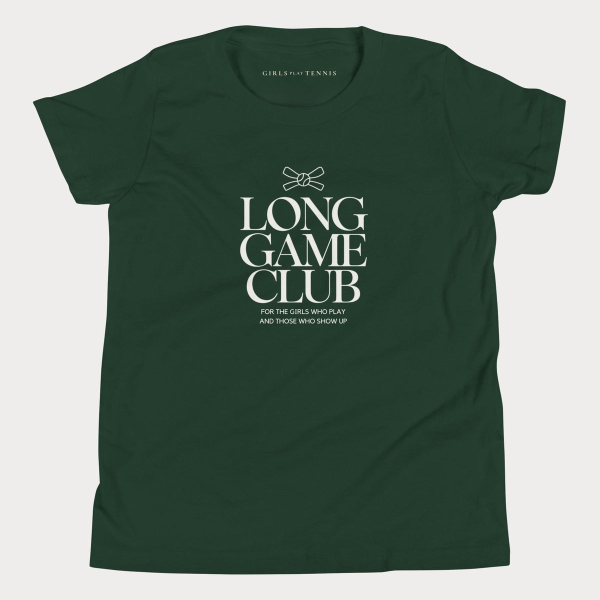 Forest green Long Game Club girls' tennis T-shirt with stacked lettering and a small bow