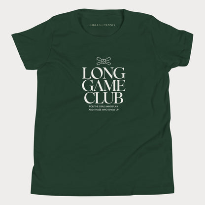 Forest green Long Game Club girls' tennis T-shirt with stacked lettering and a small bow