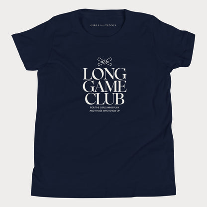 Navy Long Game Club girls' tennis T-shirt with stacked lettering and a small bow