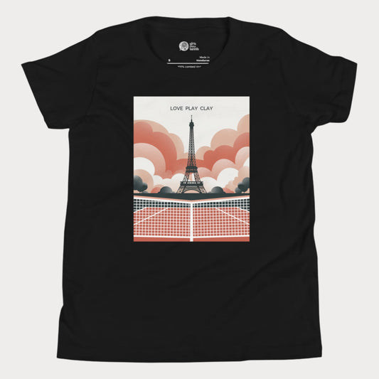 Black Love Play Clay girls' tennis T-shirt with an illustration of the Eiffel Tower behind a clay court net