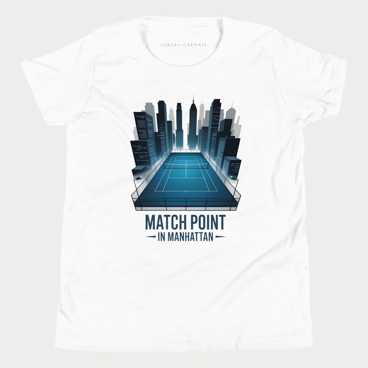 White Match Point in Manhattan girls' tennis T-shirt with a blue tennis court surrounded by skyscrapers