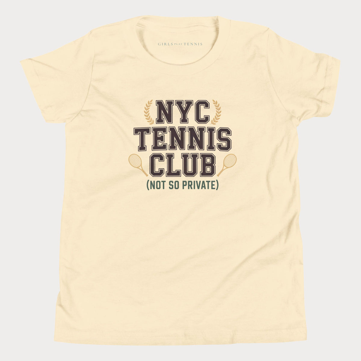 Cream NYC Tennis Club (Not so Private) girls' tennis T-shirt with laurel and crossed-racket lettering