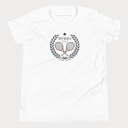 White Riviera Tennis Club girls' tennis T-shirt with a laurel wreath and crossed rackets