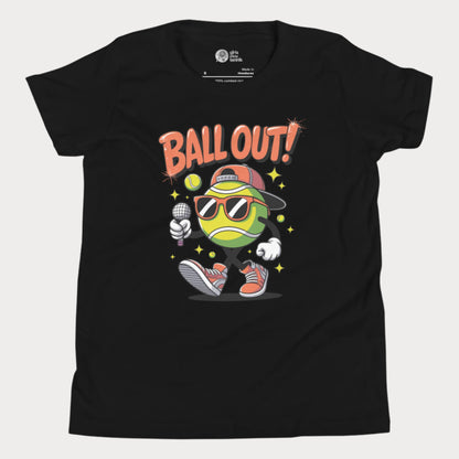 Black girls tennis t-shirt with "Ball Out!" slogan and cartoon tennis ball character in shades and sneakers holding a mic.