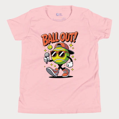 Pink girls tennis t-shirt with "Ball Out!" slogan and cartoon tennis ball character in shades and sneakers holding a mic.