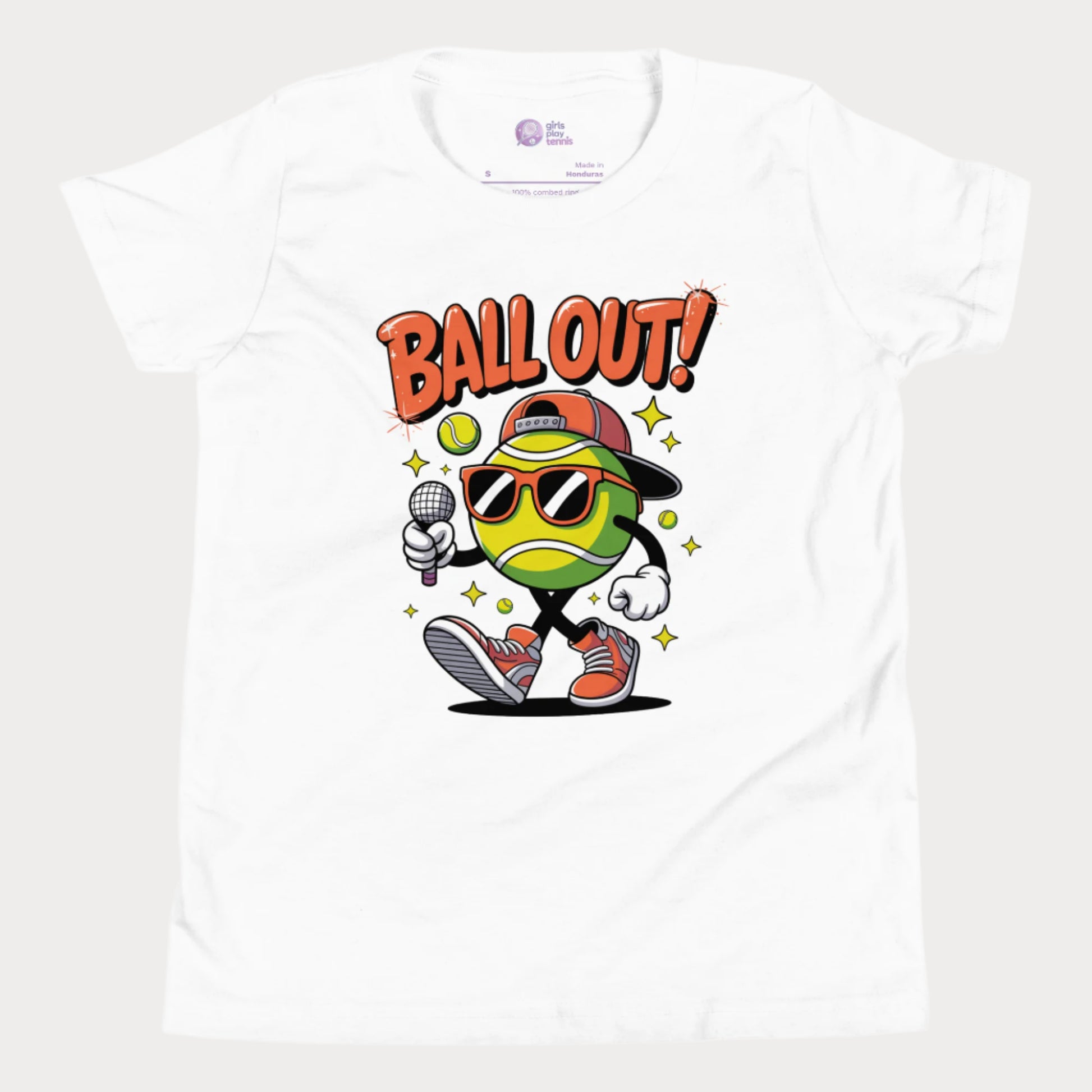 White girls tennis t-shirt with "Ball Out!" slogan and cartoon tennis ball character in shades and sneakers holding a mic