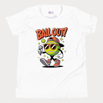 White girls tennis t-shirt with "Ball Out!" slogan and cartoon tennis ball character in shades and sneakers holding a mic