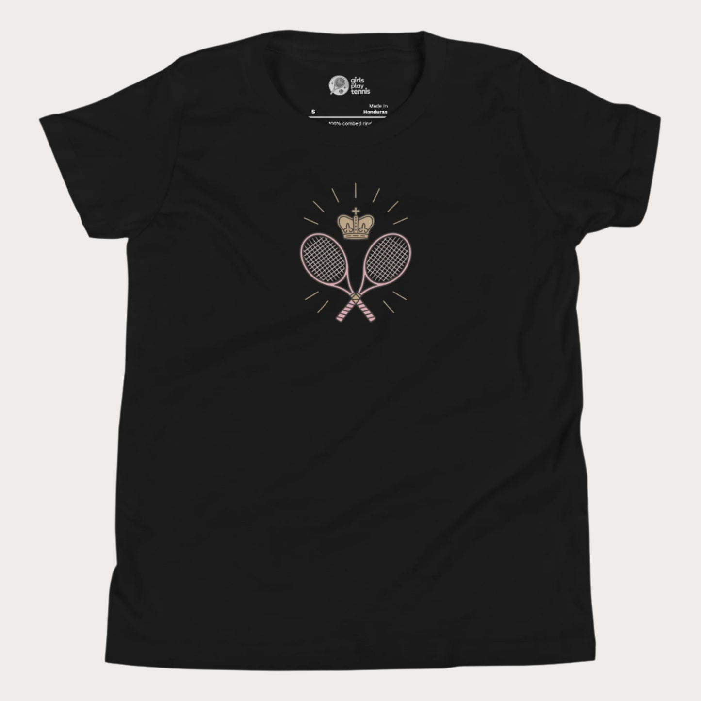 Black girls tennis t-shirt with crown and crossed rackets design 