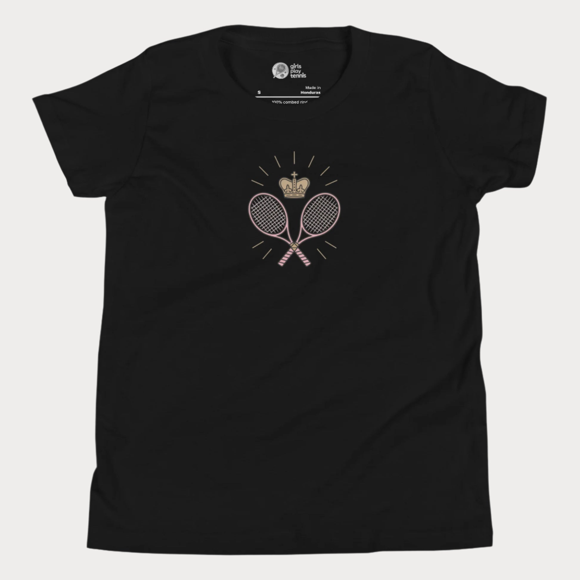 Black girls tennis t-shirt with crown and crossed rackets design 