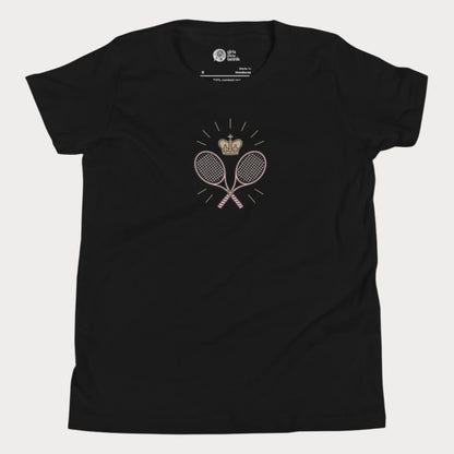 Black girls tennis t-shirt with crown and crossed rackets design 