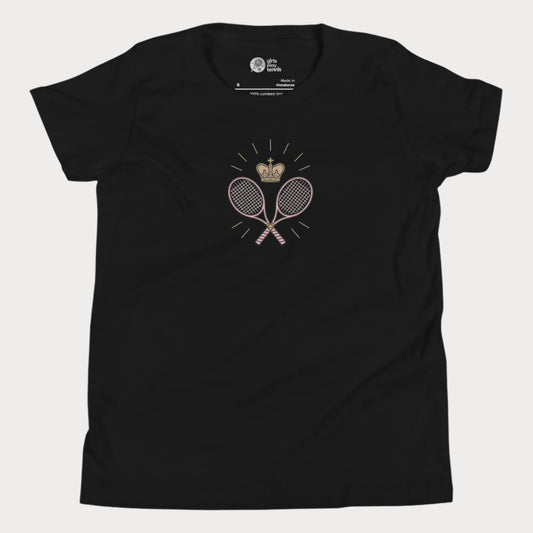 Black girls tennis t-shirt with crown and crossed rackets design 