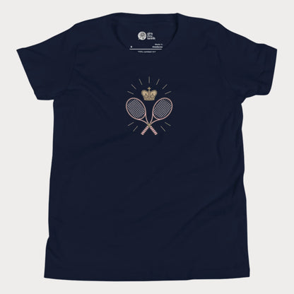 Navy girls tennis t-shirt with crown and crossed rackets design.