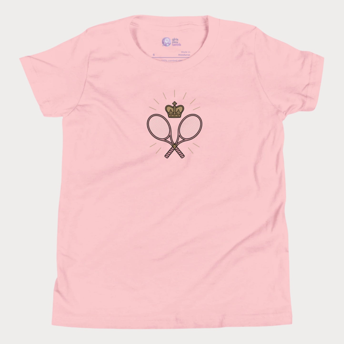 Pink girls tennis t-shirt with crown and crossed rackets design 
