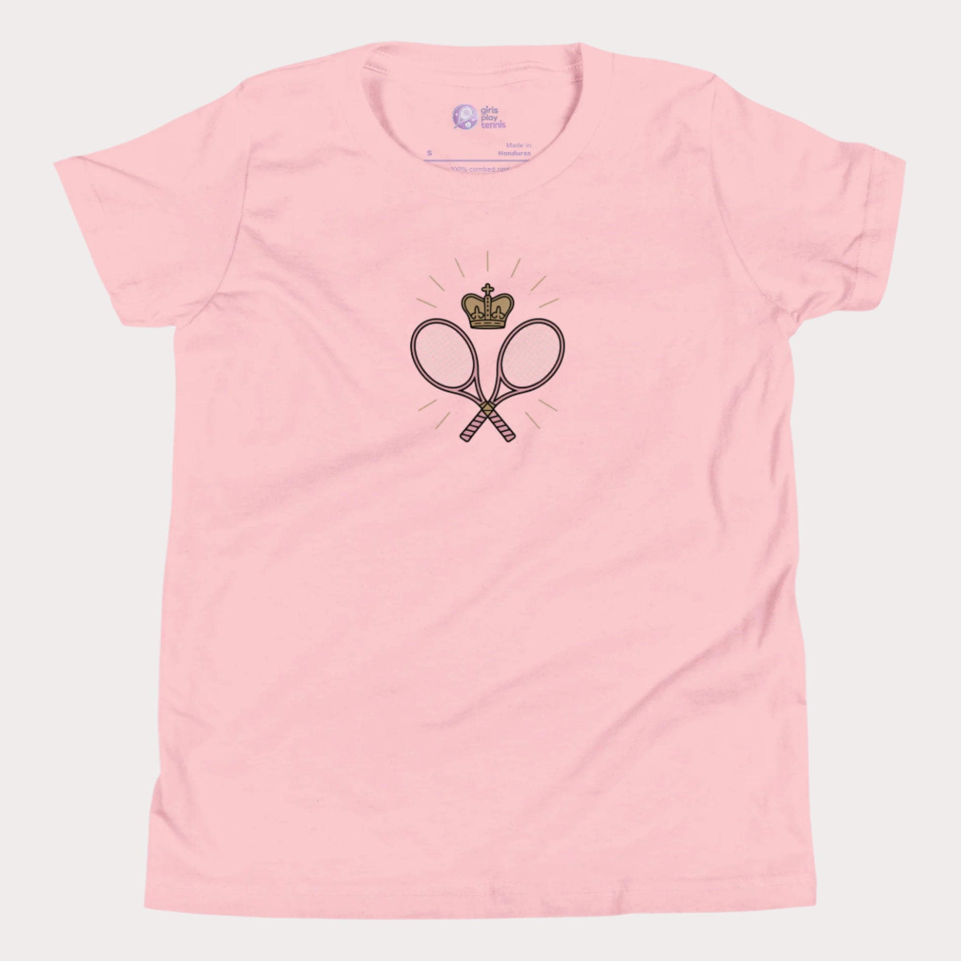 Pink girls tennis t-shirt with crown and crossed rackets design 