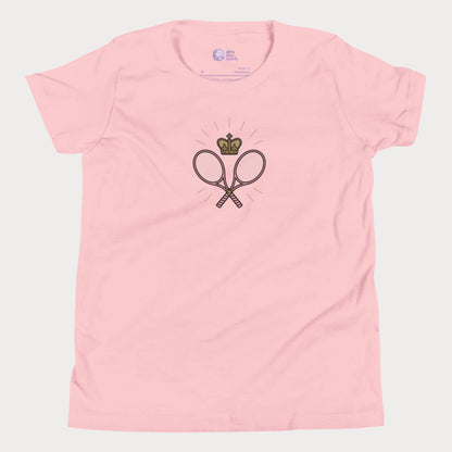 Pink girls tennis t-shirt with crown and crossed rackets design 
