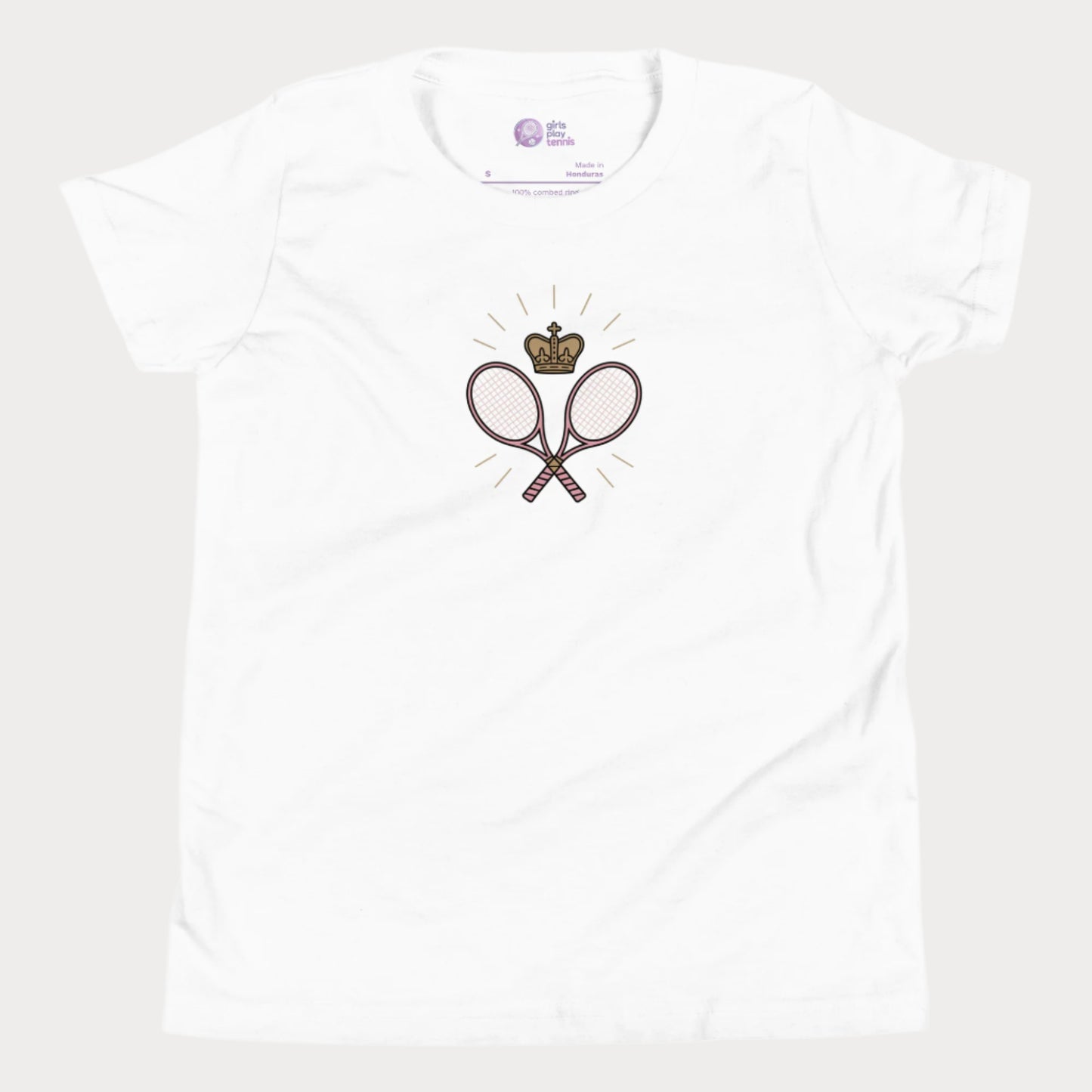 White girls tennis t-shirt with crown and crossed rackets design 