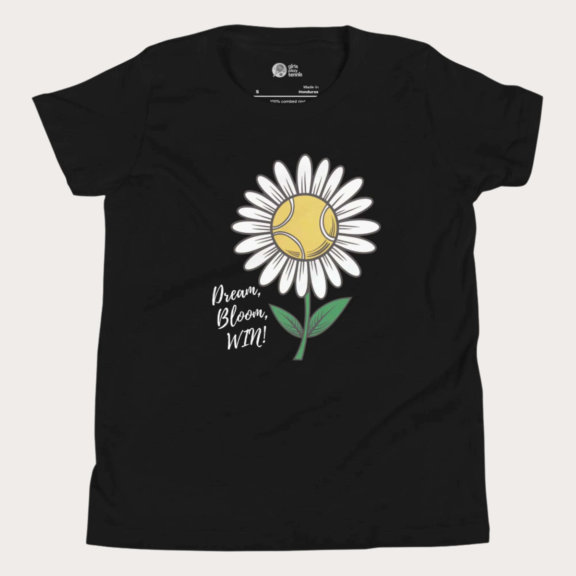 Cute black girls' tennis t-shirt featuring a daisy with a tennis ball center and the motivational slogan "Dream, Bloom, WIN!" 