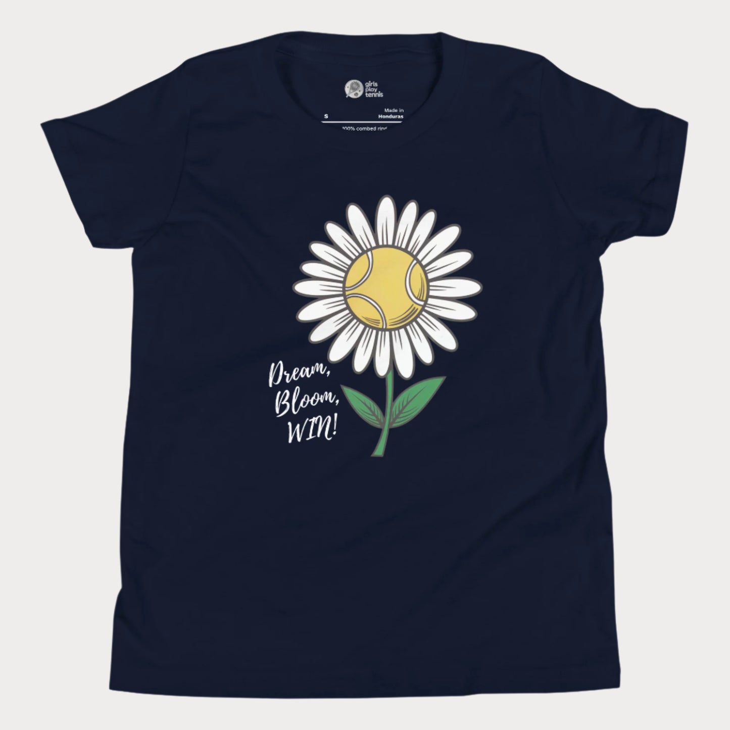 Cute navy girls' tennis t-shirt featuring a daisy with a tennis ball center and the motivational slogan "Dream, Bloom, WIN!" 