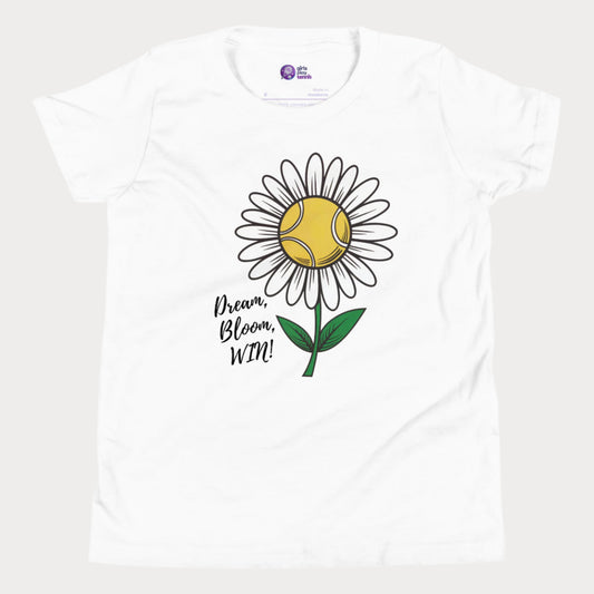 Cute white girls' tennis t-shirt featuring a daisy with a tennis ball center and the motivational slogan "Dream, Bloom, WIN!" 