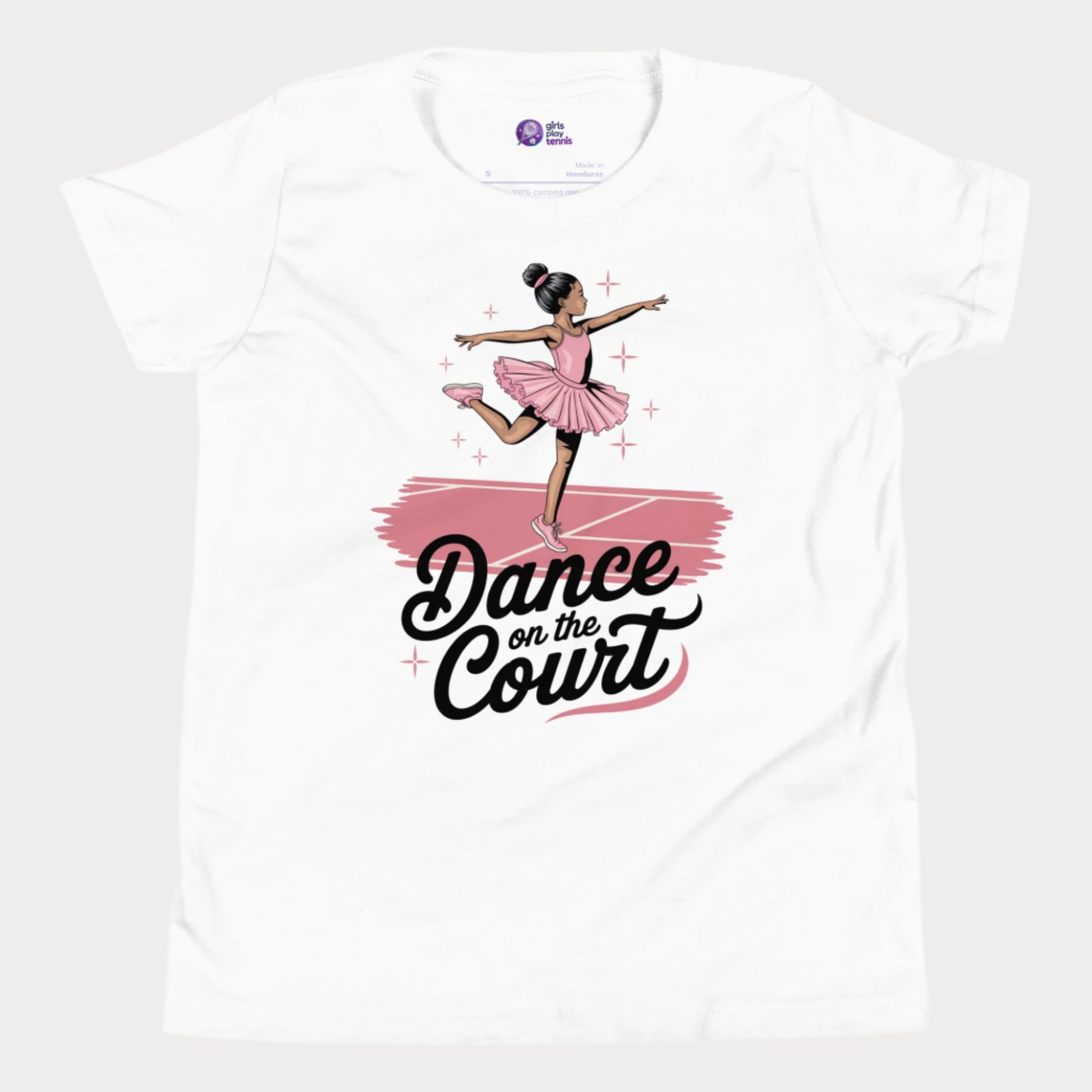 A stylish white girls' tennis t-shirt featuring a graceful young ballerina in a pink tutu performing an elegant pose on a tennis court. The text 'Dance on the Court' blends ballet and tennis, celebrating the fluid movement and grace of the game. Designed for young girls who love tennis and fashion, this Girls Play Tennis apparel piece adds a fun, feminine twist to the sport.