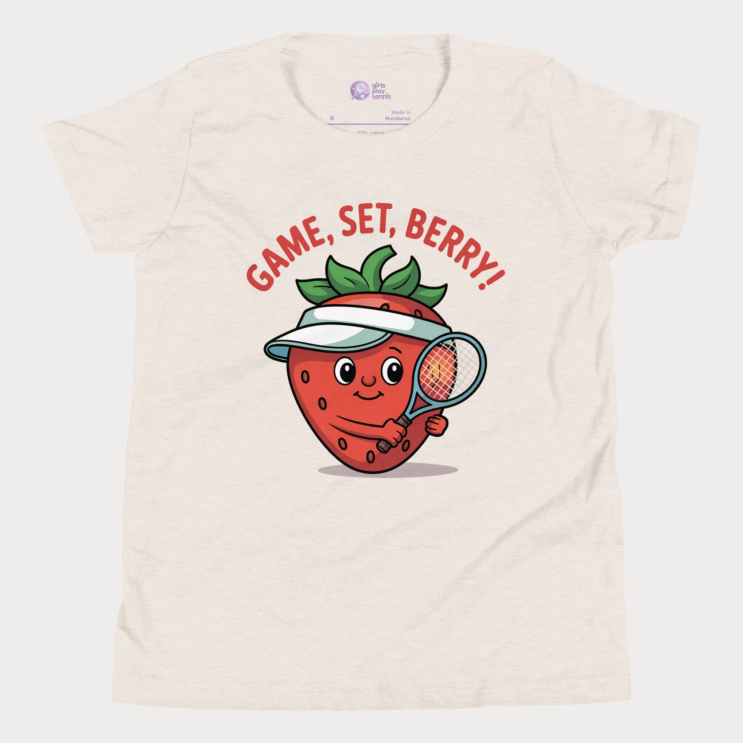 Beige girls tennis t-shirt with a smiling strawberry wearing a visor and holding a tennis racket, with the phrase ‘Game, Set, Berry!’ above it.