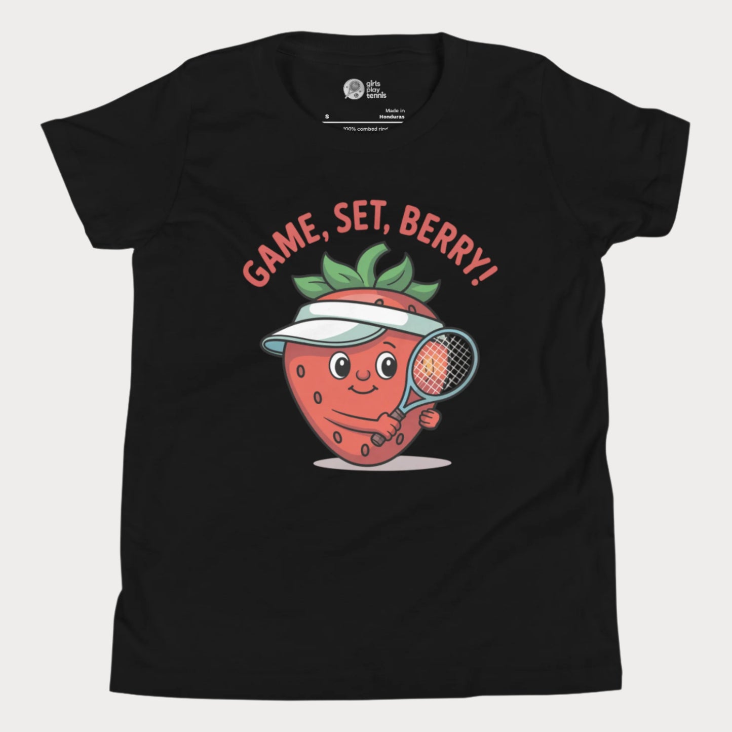 Black girls tennis t-shirt with a smiling strawberry wearing a visor and holding a tennis racket, with the phrase ‘Game, Set, Berry!’ above it.