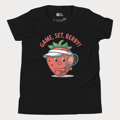 Black girls tennis t-shirt with a smiling strawberry wearing a visor and holding a tennis racket, with the phrase ‘Game, Set, Berry!’ above it.