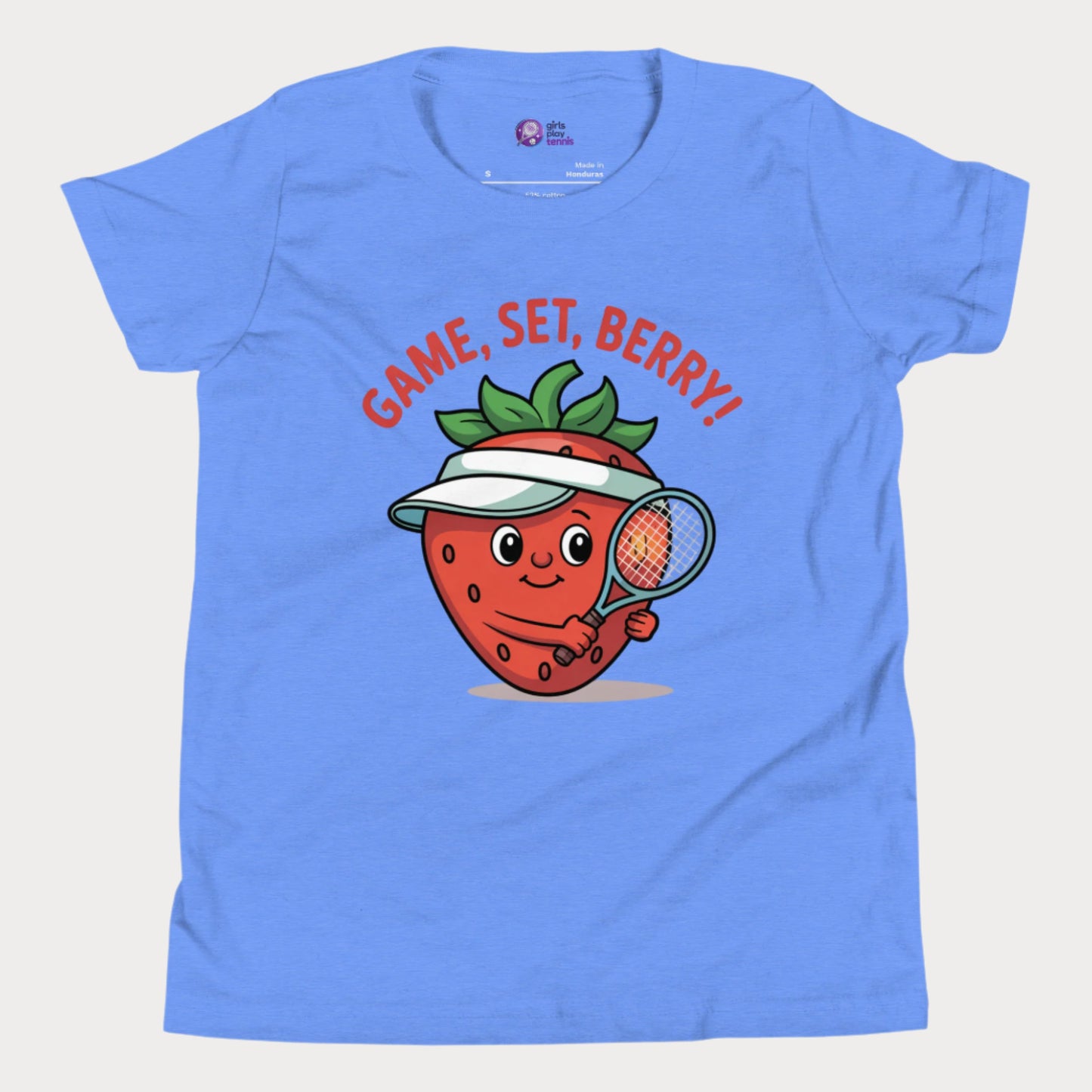 Blue girls tennis t-shirt with a smiling strawberry wearing a visor and holding a tennis racket, with the phrase ‘Game, Set, Berry!’ above it.