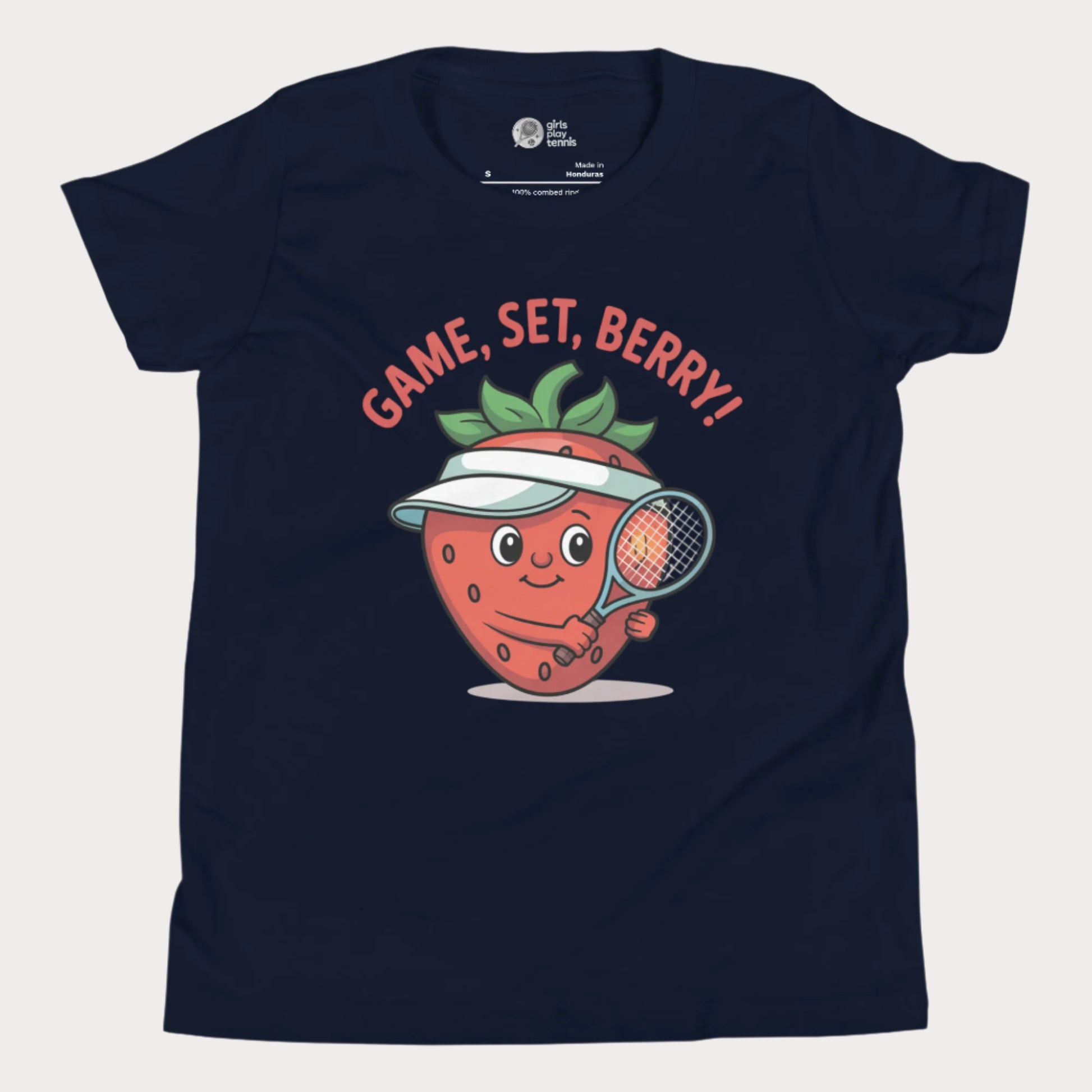 Navy girls tennis t-shirt with a smiling strawberry wearing a visor and holding a tennis racket, with the phrase ‘Game, Set, Berry!’ above it.