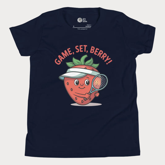 Navy girls tennis t-shirt with a smiling strawberry wearing a visor and holding a tennis racket, with the phrase ‘Game, Set, Berry!’ above it.