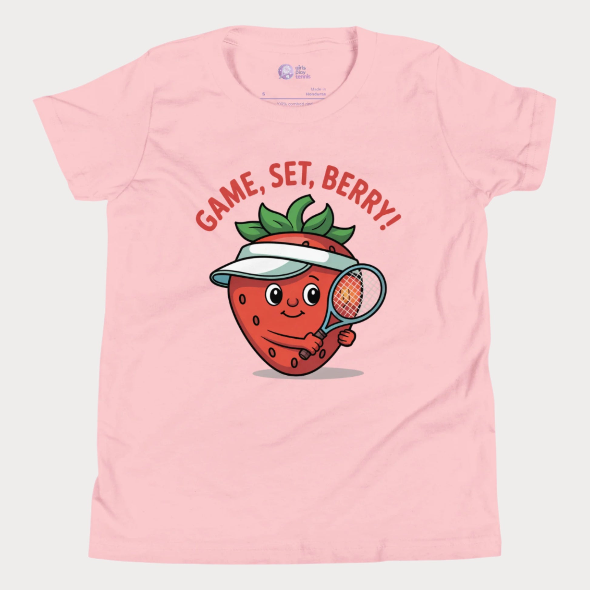 Pink girls tennis t-shirt with a smiling strawberry wearing a visor and holding a tennis racket, with the phrase ‘Game, Set, Berry!’ above it.