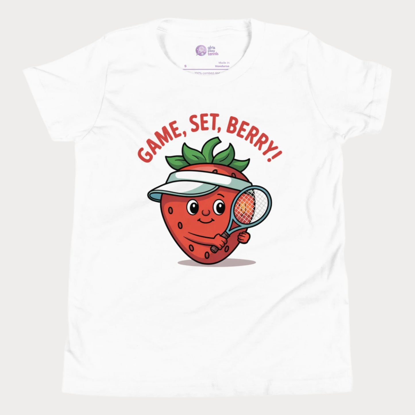 White girls tennis t-shirt with a smiling strawberry wearing a visor and holding a tennis racket, with the phrase ‘Game, Set, Berry!’ above it.
