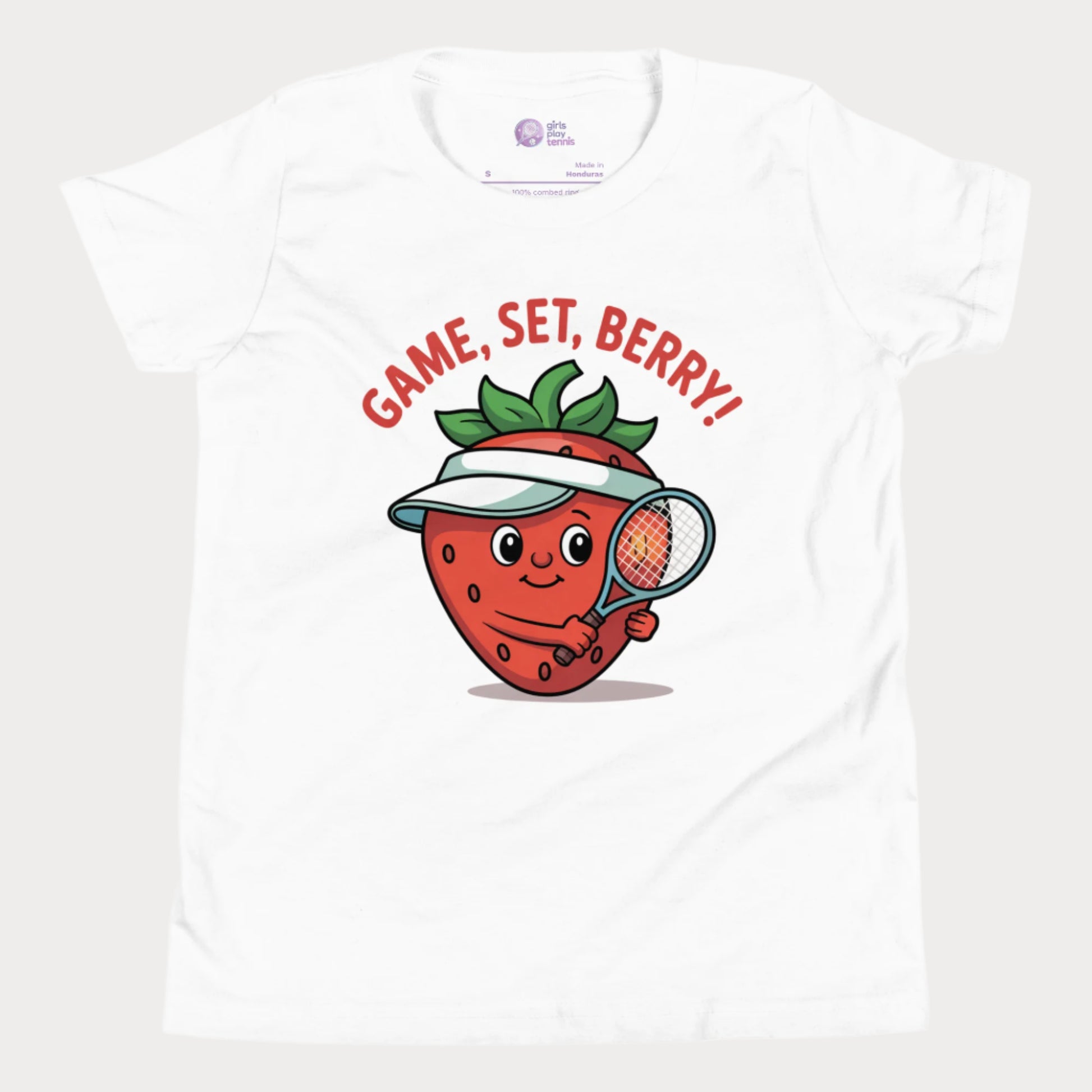 White girls tennis t-shirt with a smiling strawberry wearing a visor and holding a tennis racket, with the phrase ‘Game, Set, Berry!’ above it.