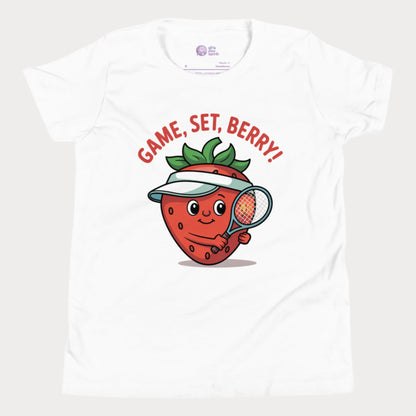 White girls tennis t-shirt with a smiling strawberry wearing a visor and holding a tennis racket, with the phrase ‘Game, Set, Berry!’ above it.