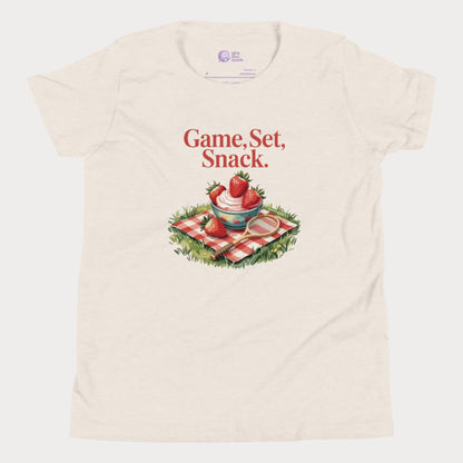 Beige girls tennis t-shirt with strawberries and cream picnic design – Game Set Snack slogan from Grass Court Collection