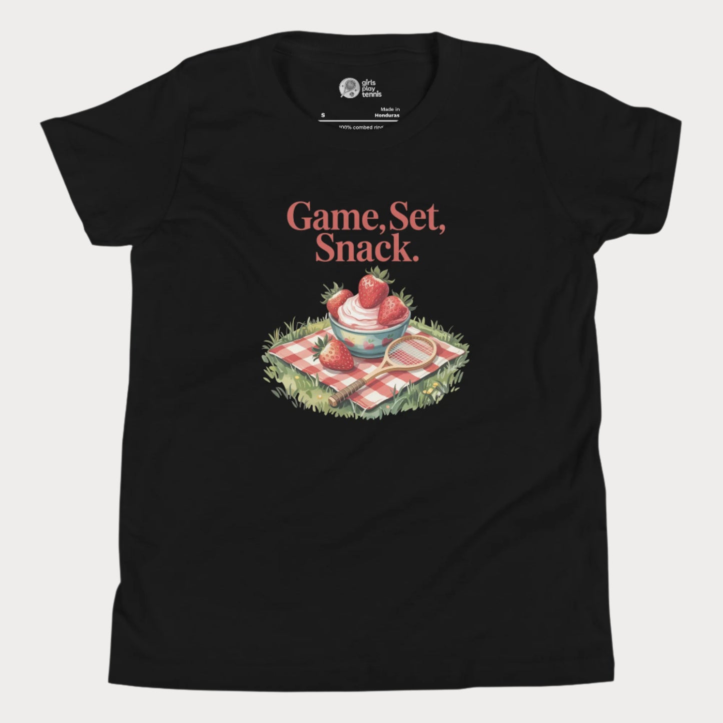 Black girls tennis t-shirt with strawberries and cream picnic design – Game Set Snack slogan from Grass Court Collection
