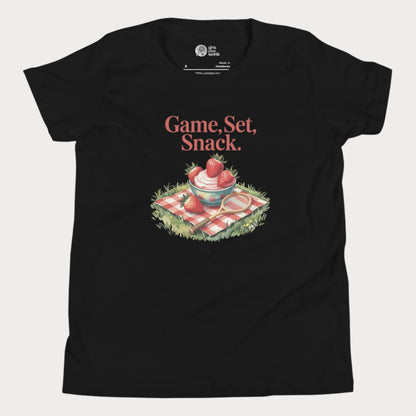 Black girls tennis t-shirt with strawberries and cream picnic design – Game Set Snack slogan from Grass Court Collection