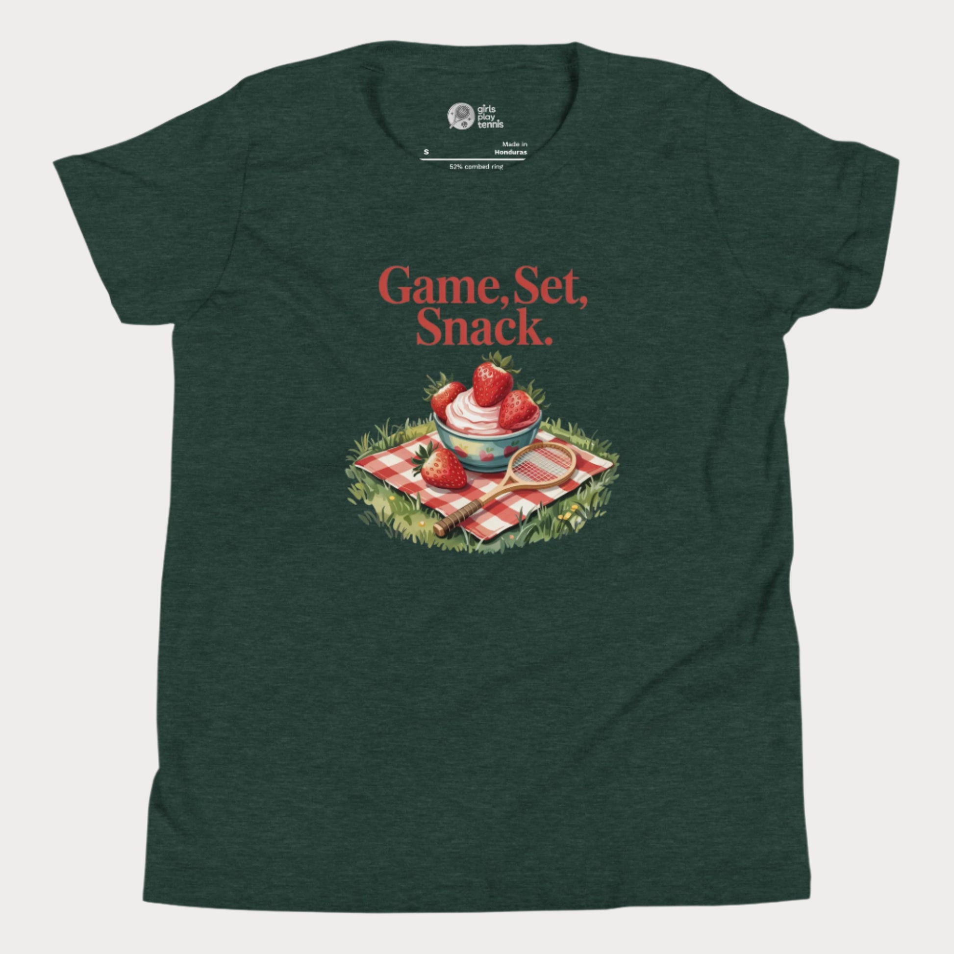 Green girls tennis t-shirt with strawberries and cream picnic design – Game Set Snack slogan from Grass Court Collection