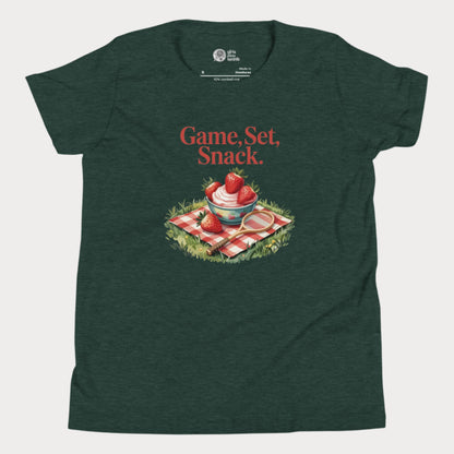Green girls tennis t-shirt with strawberries and cream picnic design – Game Set Snack slogan from Grass Court Collection