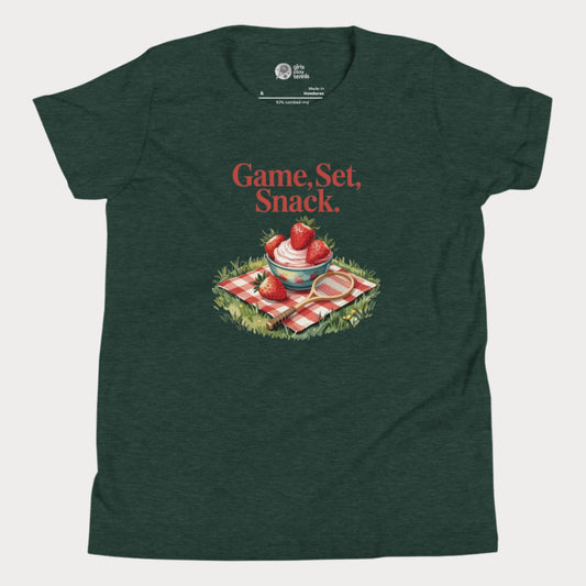 Green girls tennis t-shirt with strawberries and cream picnic design – Game Set Snack slogan from Grass Court Collection