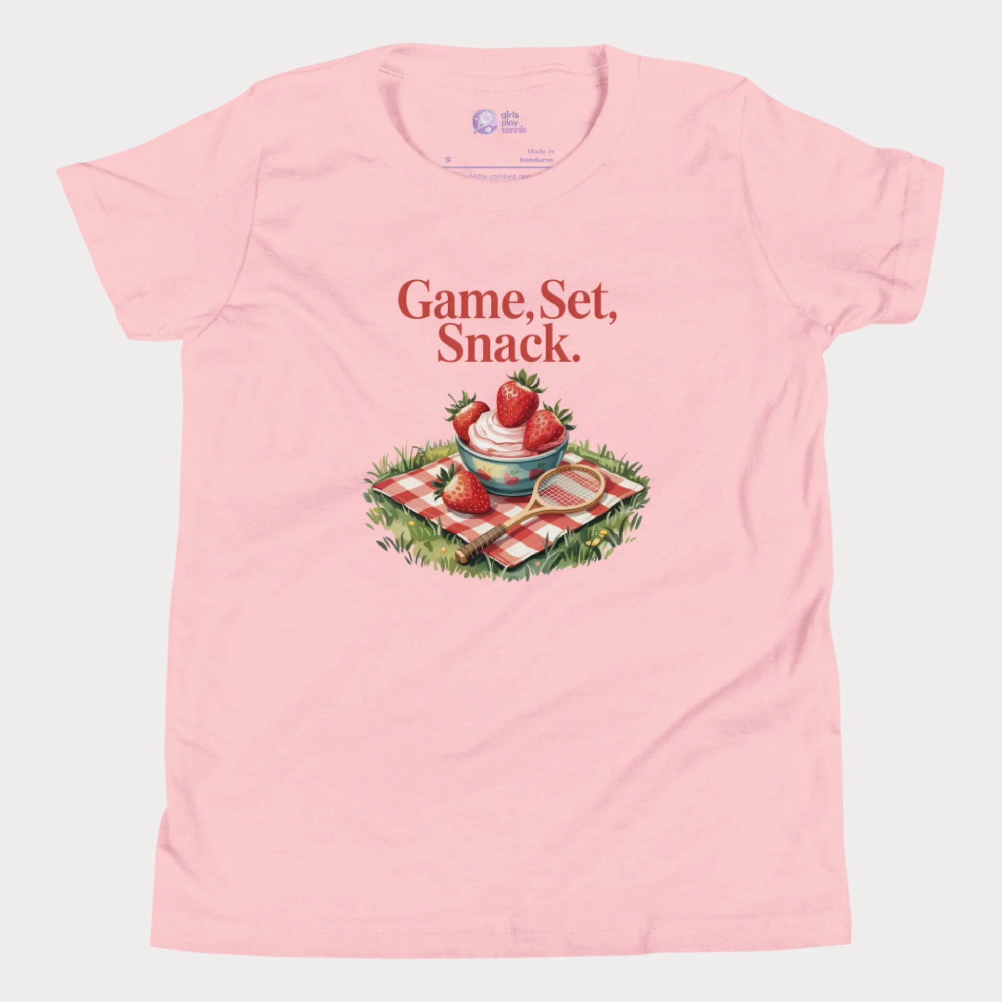Pink girls tennis t-shirt with strawberries and cream picnic design – Game Set Snack slogan from Grass Court Collection