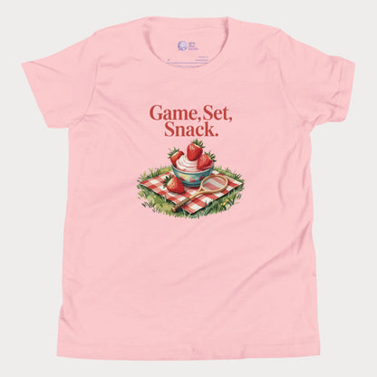 Pink girls tennis t-shirt with strawberries and cream picnic design – Game Set Snack slogan from Grass Court Collection
