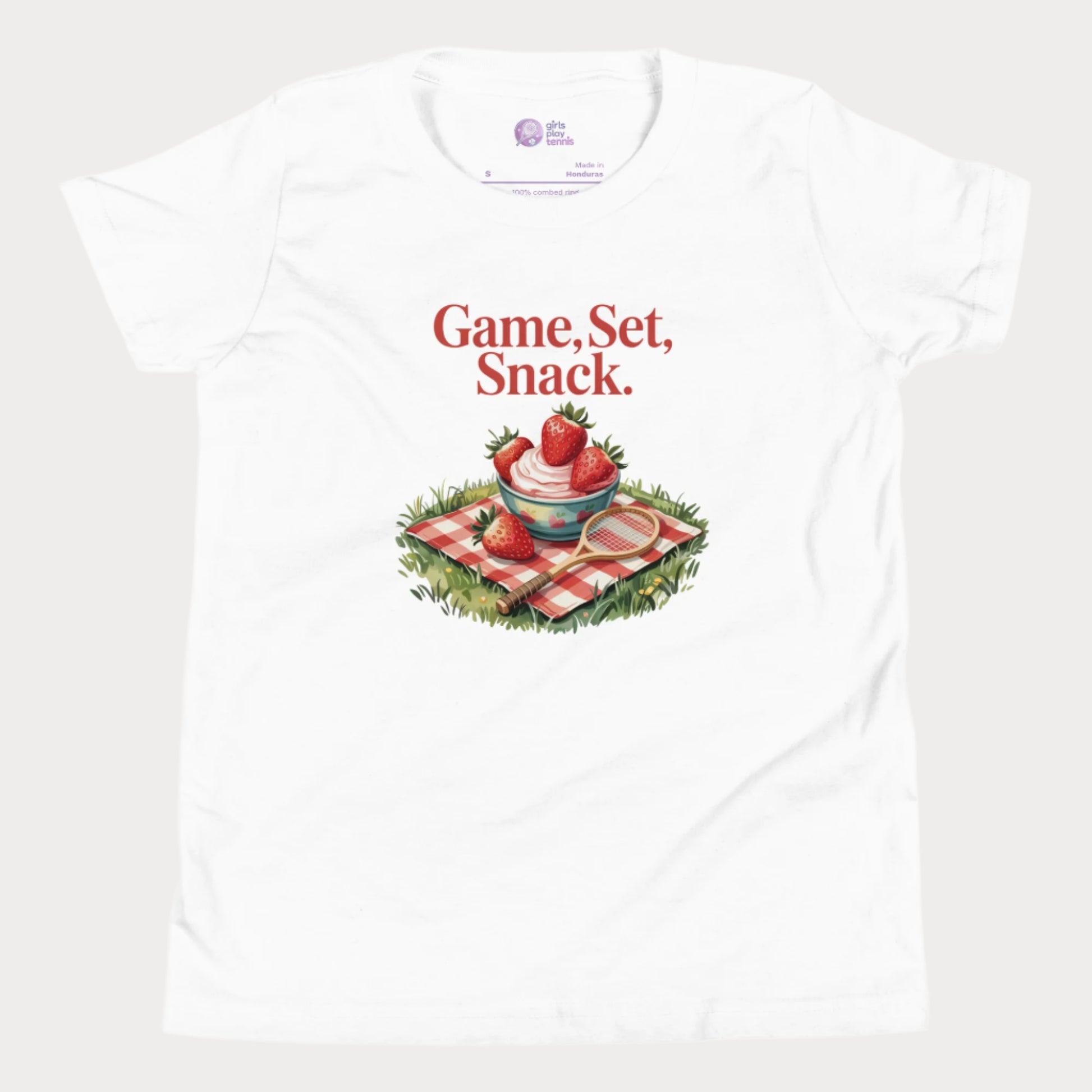White girls tennis t-shirt with strawberries and cream picnic design – Game Set Snack slogan from Grass Court Collection