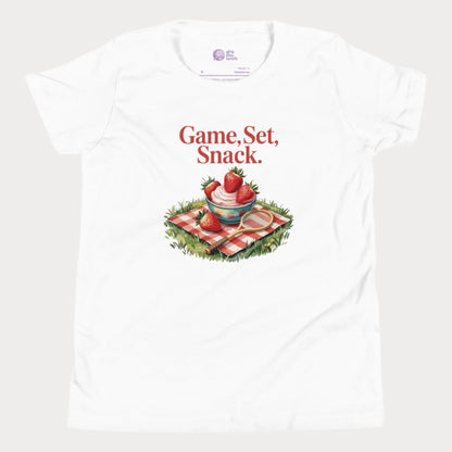 White girls tennis t-shirt with strawberries and cream picnic design – Game Set Snack slogan from Grass Court Collection