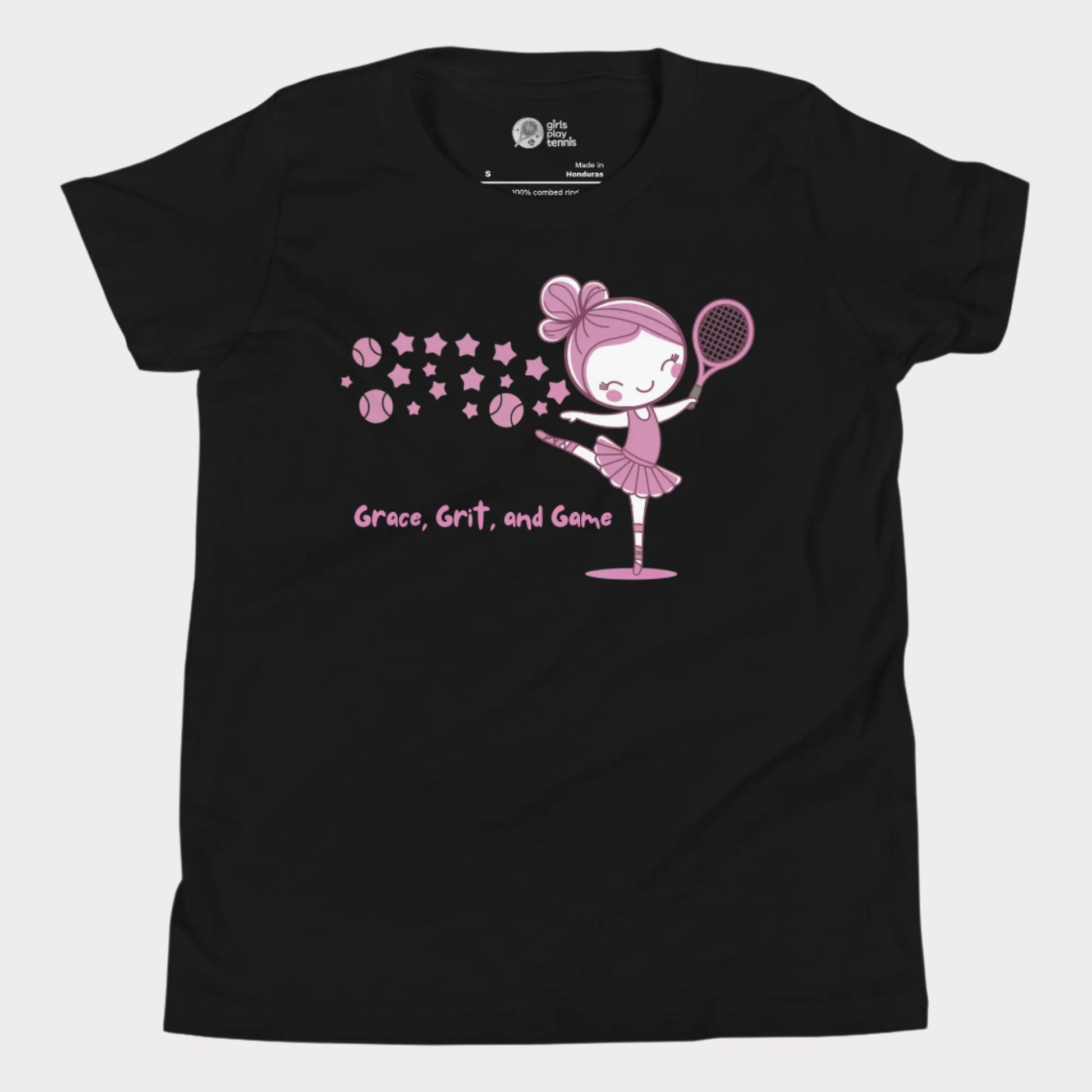 Black girls' tennis t-shirt featuring a charming illustration of a ballerina holding a tennis racket, with the words "Grace, Grit, and Game" in pink.
