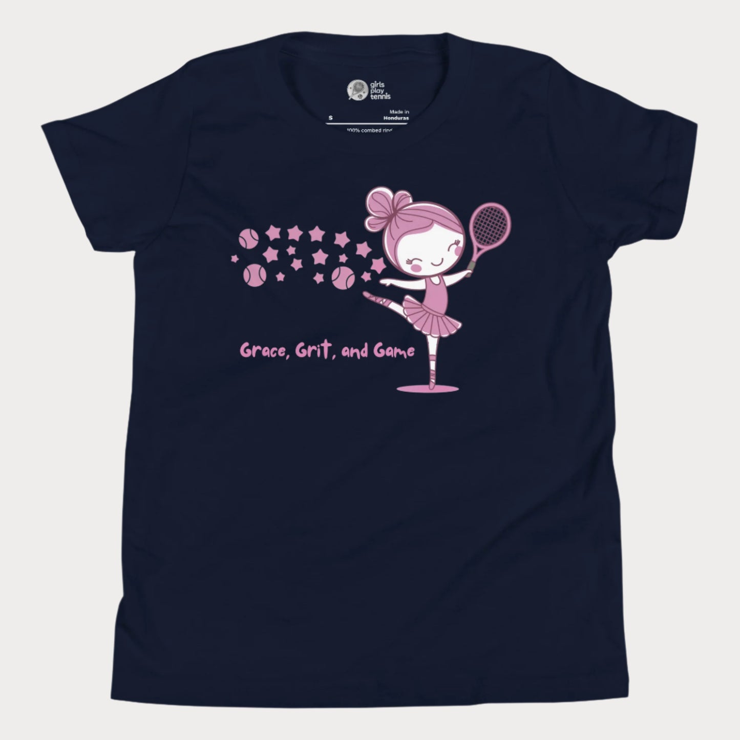 Navy girls' tennis t-shirt featuring a charming illustration of a ballerina holding a tennis racket, with the words "Grace, Grit, and Game" in pink.